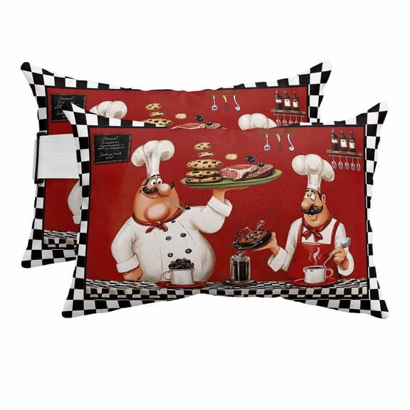 Fat Chefs Outdoor Pillows for Chaise Lounge Chair Beach Headrest Pillow Set of 2 Waterproof Lumbar Pillows with Insert&Adjustable Strap Funny Kitchen Cooking Forks Black Plaid Pool Pillow 12"x20"