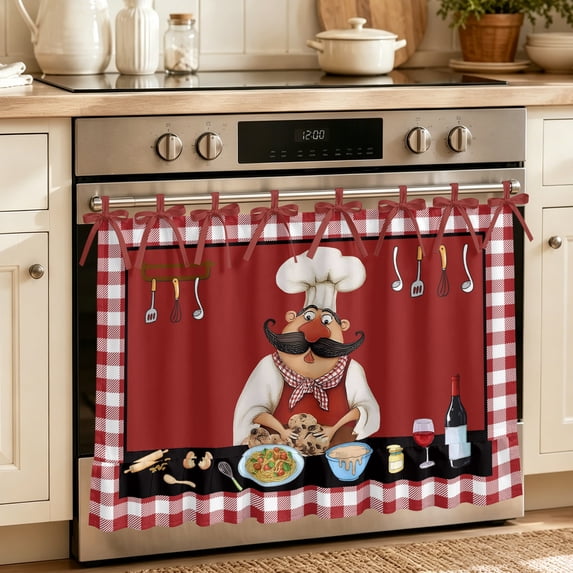 Fat Chefs Oven Skirt for Farmhouse Kitchen Décor, Kitchen Cooking Gourmet Red Buffalo Plaid Oven Curtain Tie Top Decorative Stove Skirt, Cabinet Dish Washer Curtains with 8 Ribbon Ties 30"x21.5"