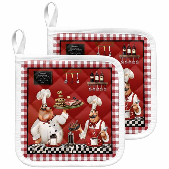Fat Chefs Pot Holders for Kitchen Heatproof Potholder, 2 Pack Funny Kitchen Cooking Red Buffalo Plaid Hot Pads Multipurpose Oven Pads Terry Cloth Potholders Trivet for Cooking and Baking