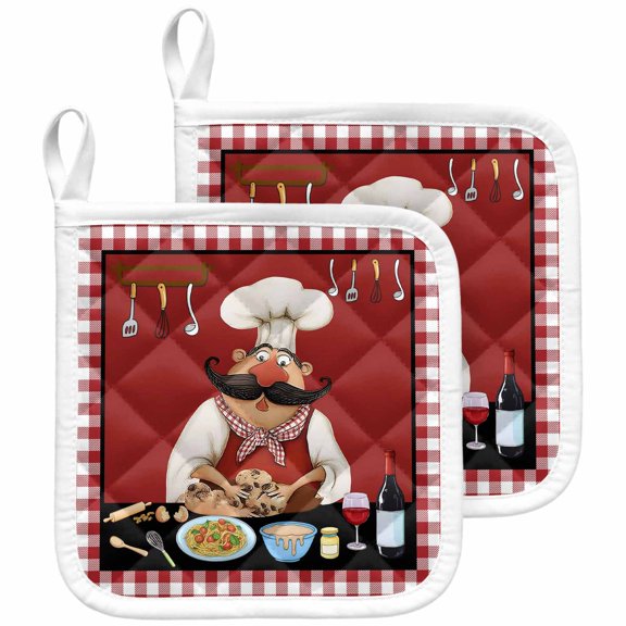 Fat Chefs Pot Holders for Kitchen Heatproof Potholder, 2 Pack Kitchen Cooking Gourmet Red Buffalo Plaid Hot Pads Multipurpose Oven Pads Terry Cloth Potholders Trivet for Cooking and Baking