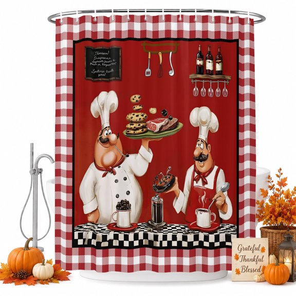 Fat Chefs Shower Curtain Set - 48" x 72" Washable Bathtub Curtain with 12 Hooks, Funny Kitchen Cooking Red Buffalo Plaid Waterproof Fabric Stall Shower Curtains for Bathroom/Bathtub Décor