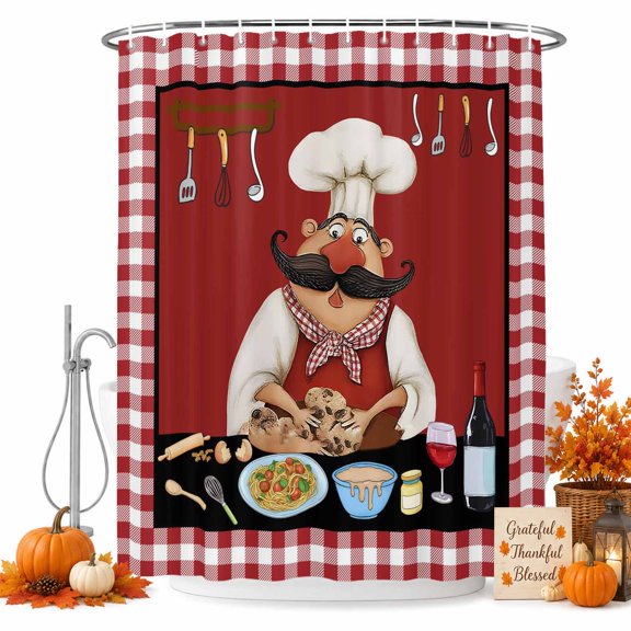 Fat Chefs Shower Curtain Set - Small 36" x 72" Washable Bathtub Curtain with 12 Hooks, Kitchen Cooking Gourmet Red Buffalo Plaid Waterproof Fabric Stall Shower Curtains for Bathroom/Bathtub Décor