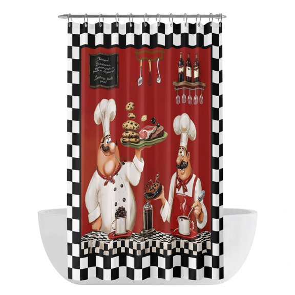Fat Chefs Shower Curtain - Water Repellent Fabric Shower Curtains Washable, Funny Kitchen Cooking Forks Black Plaid Decorative Polyester Cloth Bathroom Curtains Modern Bath Decor 36"x72"