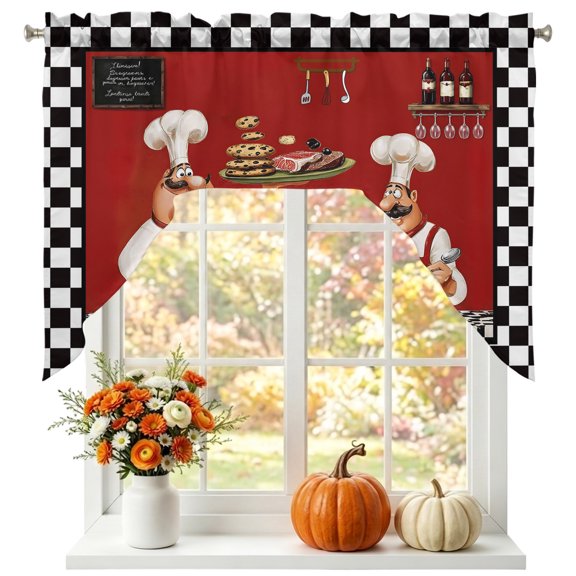 Fat Chefs Swag Valances for Windows, Small Curtains Drapes, Funny Kitchen Cooking Forks Black Plaid Kitchen Window Curtains Over Sink Rod Pocket Window Treatment Valance for Bedroom/Bathroom 56"x36"