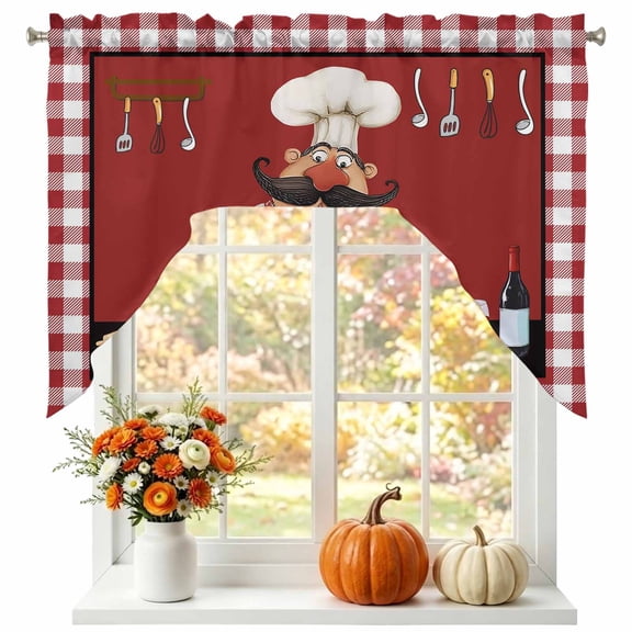Fat Chefs Swag Valances for Windows, Small Curtains Drapes, Kitchen Cooking Gourmet Red Buffalo Plaid Kitchen Window Curtains Over Sink Window Treatment Valance for Bedroom/Bathroom 56"x36"