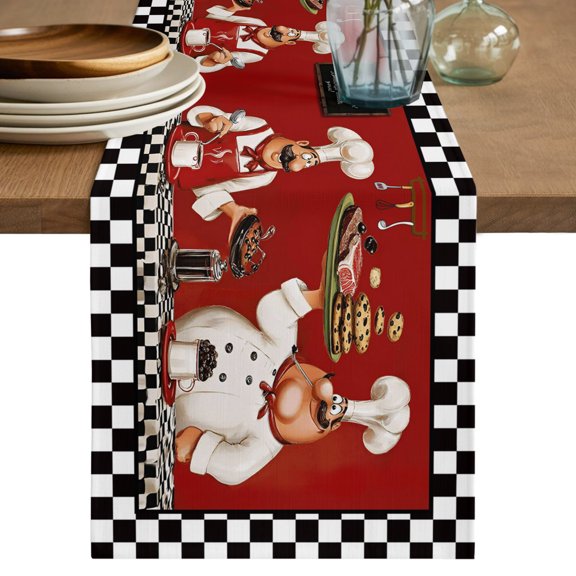 Fat Chefs Table Runner 36 Inches Small - Funny Kitchen Cooking Forks Black Plaid Kitchen Dining Burlap Linen Tablerunner for Small/Round/Square/Wedding/Coffee/Dining Table Party Home Décor 13 x 36