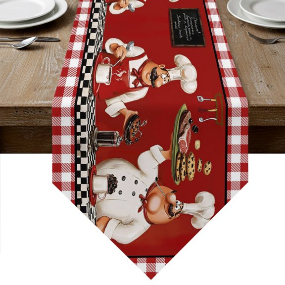 Fat Chefs Table Runner Linen Burlap Table Runner 72 Inches Long Funny Kitchen Cooking Red Buffalo Plaid Dresser Scarves for Kitchen Island Coffee Dining Room Party Wedding Holiday Decoration 16"x72"