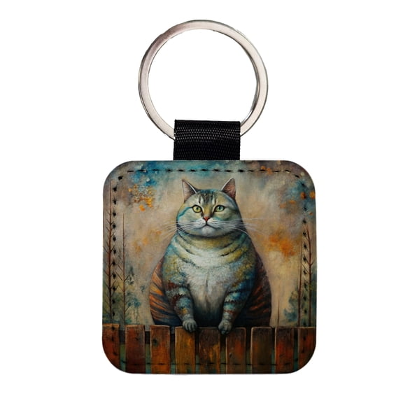 Fat Chunky Alley Cat Sitting On Fence Abstract Art Faux Leather Square Keychain