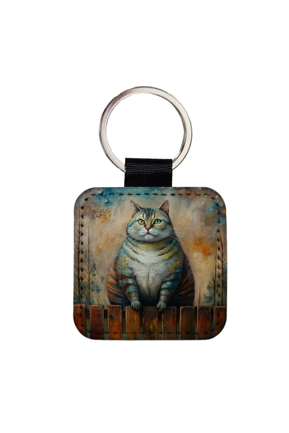 Fat Chunky Alley Cat Sitting On Fence Abstract Art Faux Leather Square Keychain