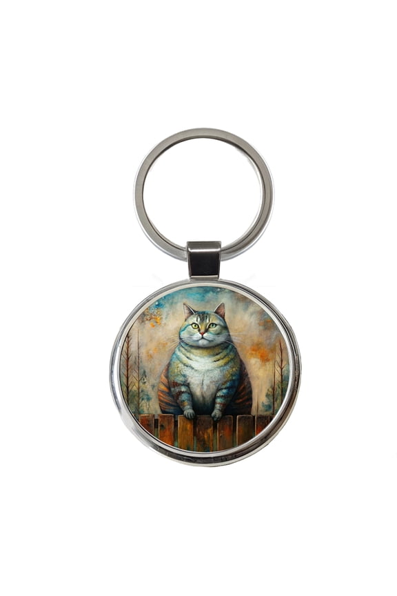 Fat Chunky Alley Cat Sitting On Fence Abstract Art Metal Round Keychain