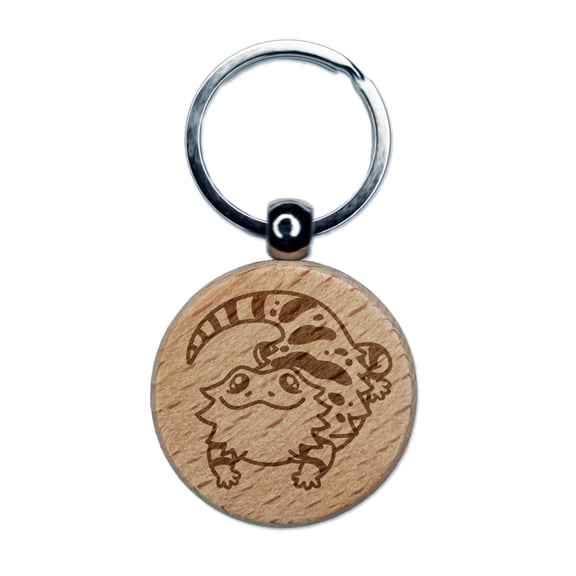 Fat Cute Bearded Dragon Lizard Reptile Round Keychain Charm Tag - Engraved Wood
