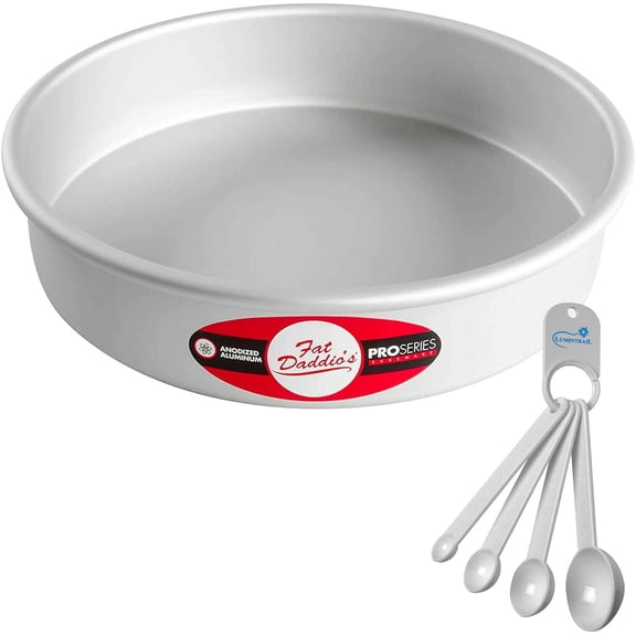 Fat Daddios Round Cake Pan, 9 x 2 Inch, Silver, with a Measuring Spoon Set