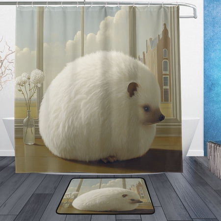 Fat Hedgehog Bathroom Accessory Sets Waterproof Shower Curtain with Anti-Slip Bath Mat Durable Combo