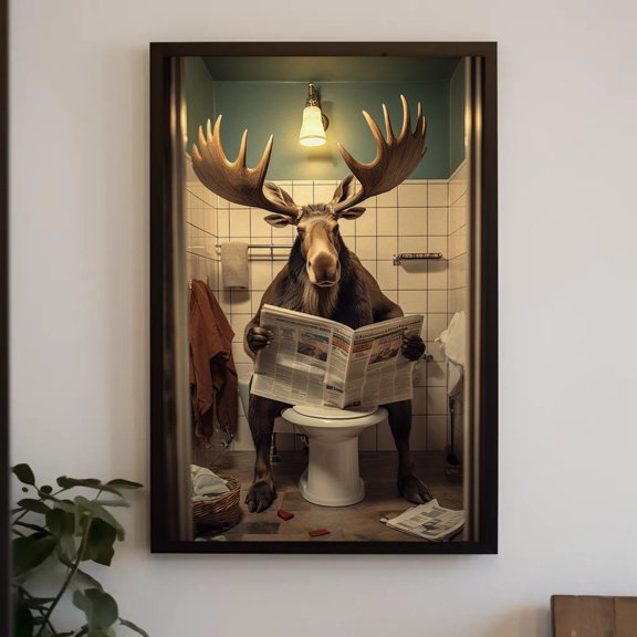 A Fat Moose On The Toilet Reading Newspaper Animal Lovers Gift Funny Bathroom Art Canvas Painting Framed Print Toilet Humor Art, Unframed Poster Size 8x12