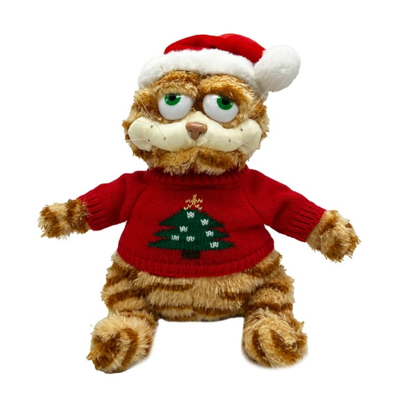 Fat Orange Cat Plush Toy- Cockeyed Santa Edition with Hat and Sweater-Striped Kitty Cat Stuffed Animal with Dress- Christmas Special 11 inch