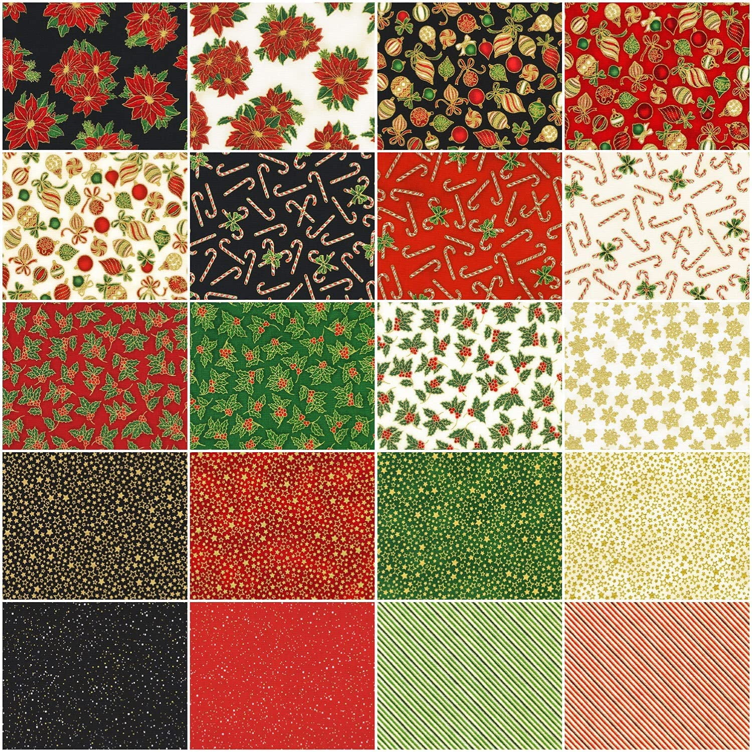Fat Quarter Bundle Holiday Charms Holiday Colorstory Christmas Winter Black Red Green White Gold Metallic Robert Kaufman Quilter's Cotton 20 Fat Quarters (FQ-1754-20) M210.01