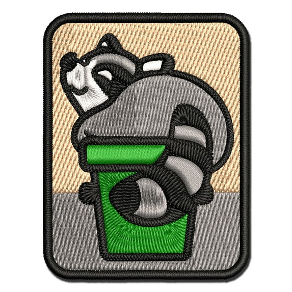 Fat Raccoon Sitting in Trash Can Applique Multi-Color Embroidered Hook & Loop Patch - 2.5 Inch Small
