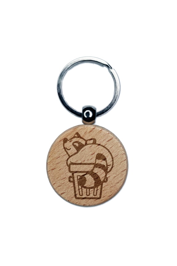 Fat Raccoon Sitting in Trash Can Round Keychain Charm Tag - Engraved Wood