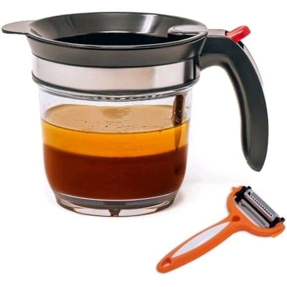 Fat Separator with Bottom Release 4 Cup Gravy Separator for Cooking with Oil Strainer, Kitchen Grease Separator -the perfect Kitchen Gadget plus a 3-1 Multifunctional Vegetable Peeler