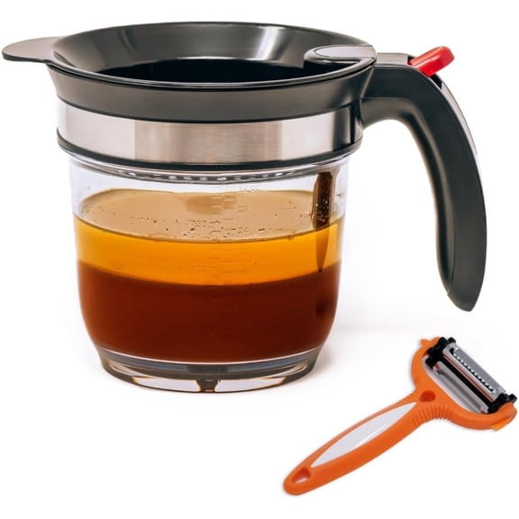 Fat Separator with Bottom Release 4 Cup Gravy Separator for Cooking with Oil Strainer, Kitchen Grease Separator -the perfect Kitchen Gadget plus a 3-1 Multifunctional Vegetable Peeler