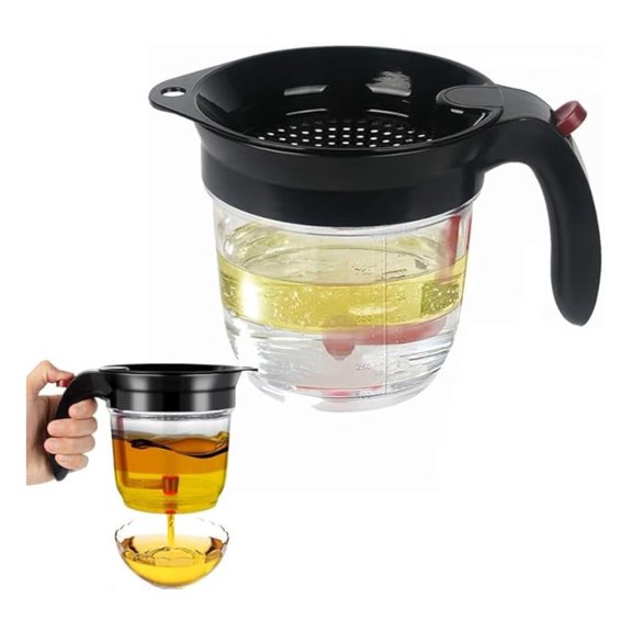 Fat Separator for Cooking, Fat Separator with Bottom Release, Kitchen Grease Container Oil Strainer, Glass Gravy Separator with Built-In Strainer Mess (Black)