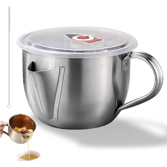 Fat Separator with Dual Spout Design, 1L Stainless Steel Gravy Separator with Cool-Touch Handle & Splash-Resistant Lid, Food-Grade Grease Strainer, Fat Separator Jug for Soup Stew Hot Pot (1L)  P