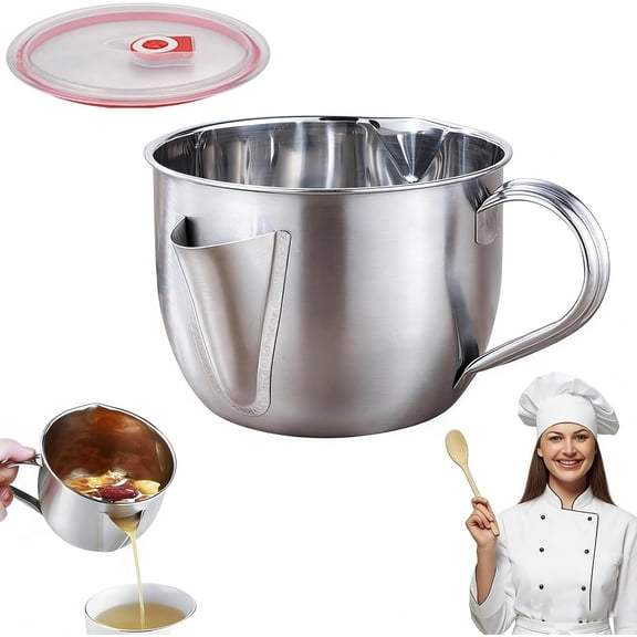 Fat Separator with Dual Spout Design 34oz/1000ml Stainless Steel Gravy & Grease Strainer for Soup, Broth, Stew Heat-Resistant Handle, Lid Included