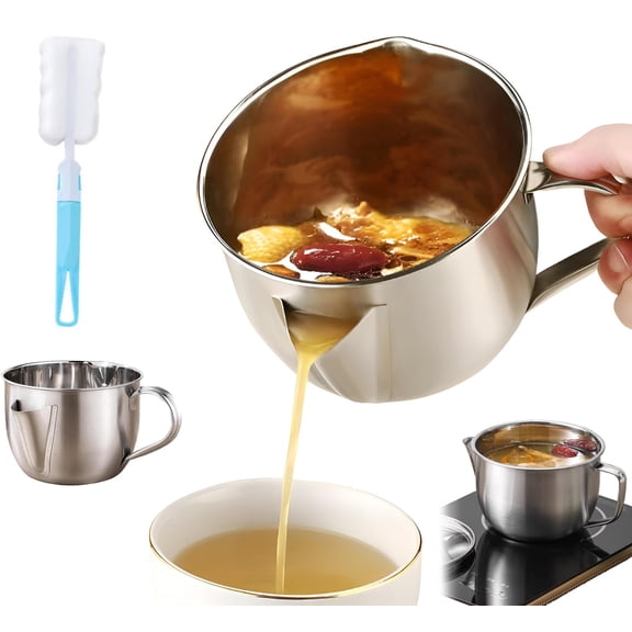 Fat Separator with Dual Spout Design, Stainless Steel Gravy and Sauce Strainer for Broth, Soup, Stew, Hot Pot, Cool Touch Handle, Kitchen Meat Sauce Separator (S)