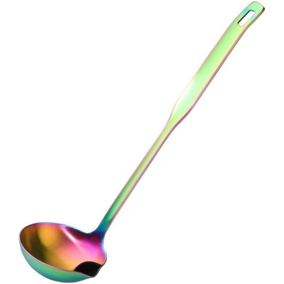 Fat Separator Ladle, BYEGOU Stainless Steel Rainbow Oil Filter Skimmer Spoon with Ergonomic Round Handle, Durable Kitchen Gravy Soup Ladle for Soup Sauce Hot Pot Oil, 11 Inch, Dishwasher Safe