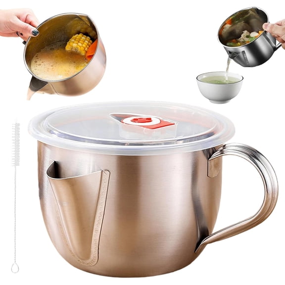 Fat Separator with Dual Spout Design,Stainless Steel Gravy & Soup Oil Separator Cup with Cool-Touch Handle,for Broth,Soup,Stew,Hot Pot