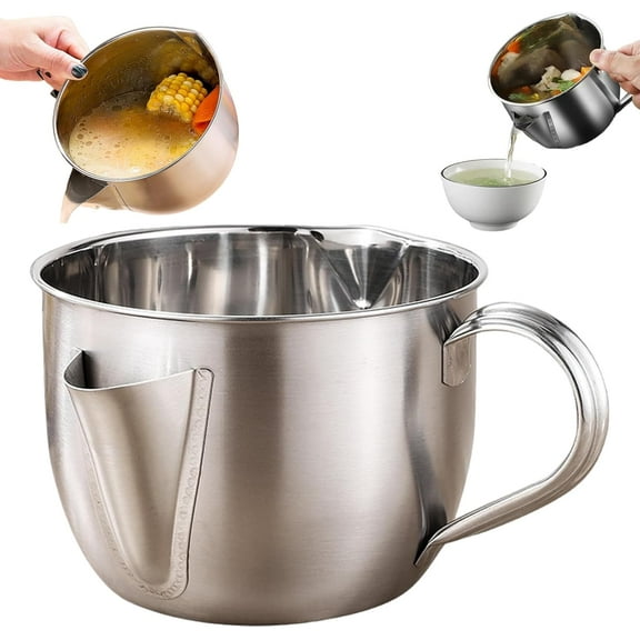 Fat Separator with Dual Spout Design,Stainless Steel Gravy & Soup Oil Separator Cup with Cool-Touch Handle,for Broth,Soup,Stew,Hot Pot