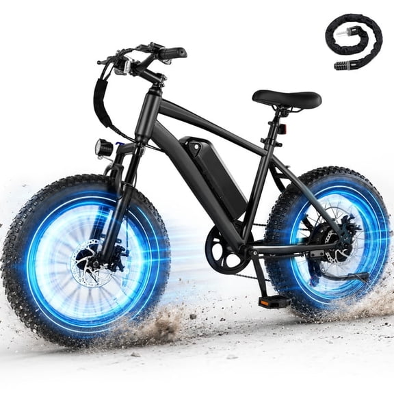 Fat Tire Electric Bike for Adults, 28MPH Mountain Ebike with Peak 1200W Brushless Motor, 20" x 4.0" Tire Step Over E-MTB, 48V 10.4Ah Removable Battery Electric Bicycle with Free Lock, Black