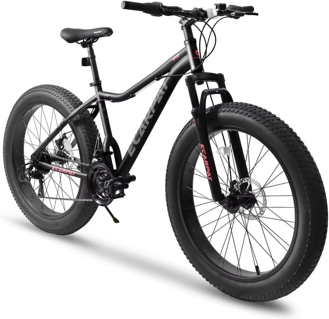 Fat Tires Mountain Bike with 26 inch Wheels, 21-Speed with Dual Front Suspension,Carbon Steel Frame Disc Brakes Grip Shifter Front Fork Anti-Slip Bicycles,Mens and Womens
