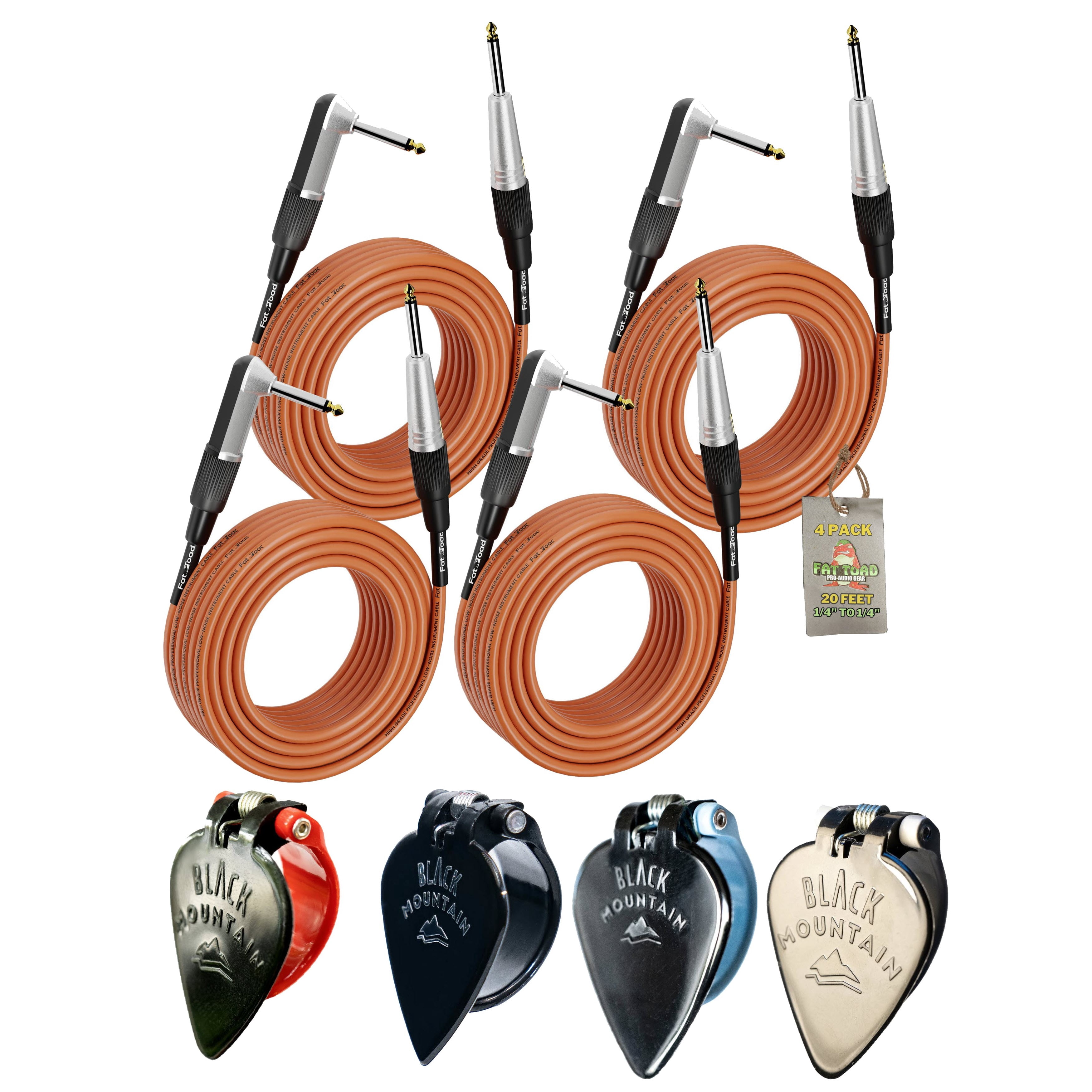 Fat Toad 20FT Right Angle Guitar Cables 4 Pack Guitar Accessories Bundle Cords for Acoustic Electric Guitar Bass Keyboards and Studio Gear with BLACK MOUNTAIN Spring Loaded Thumb Picks Variety 4 Pack