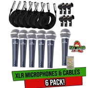 Fat Toad Cardioid Vocal Microphones with XLR Mic Cables & Clips 6 Pack - Dynamic Handheld, Unidirectional for Studio Recording, Live Stage Singing, DJ, Karaoke Pro Audio 20ft Mic Cords, 3-Pin Wire