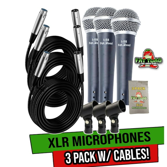 Fat Toad Dynamic Vocal Microphones with XLR Mic Cables & Clips (3 Pack) - Cardioid Handheld, Unidirectional for Studio Recording, Live Stage Singing, DJ, Karaoke - Pro Audio 20ft Mic Cords, 3-Pin Wire