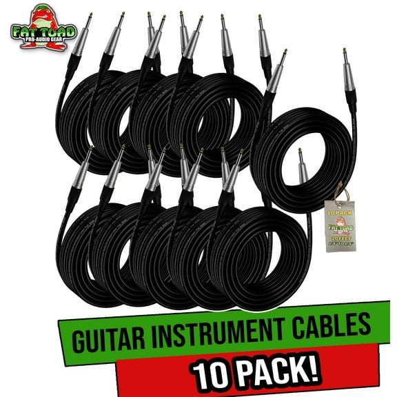 Fat Toad Guitar Cables (10 Pack) Instrument Cords - 20 AWG Patch Conductor for Electric or Acoustic Guitar, Bass, Keyboards & Pro-Audio Recording - Studio Shielded 20 FT 1/4 Inch Straight-End Wires