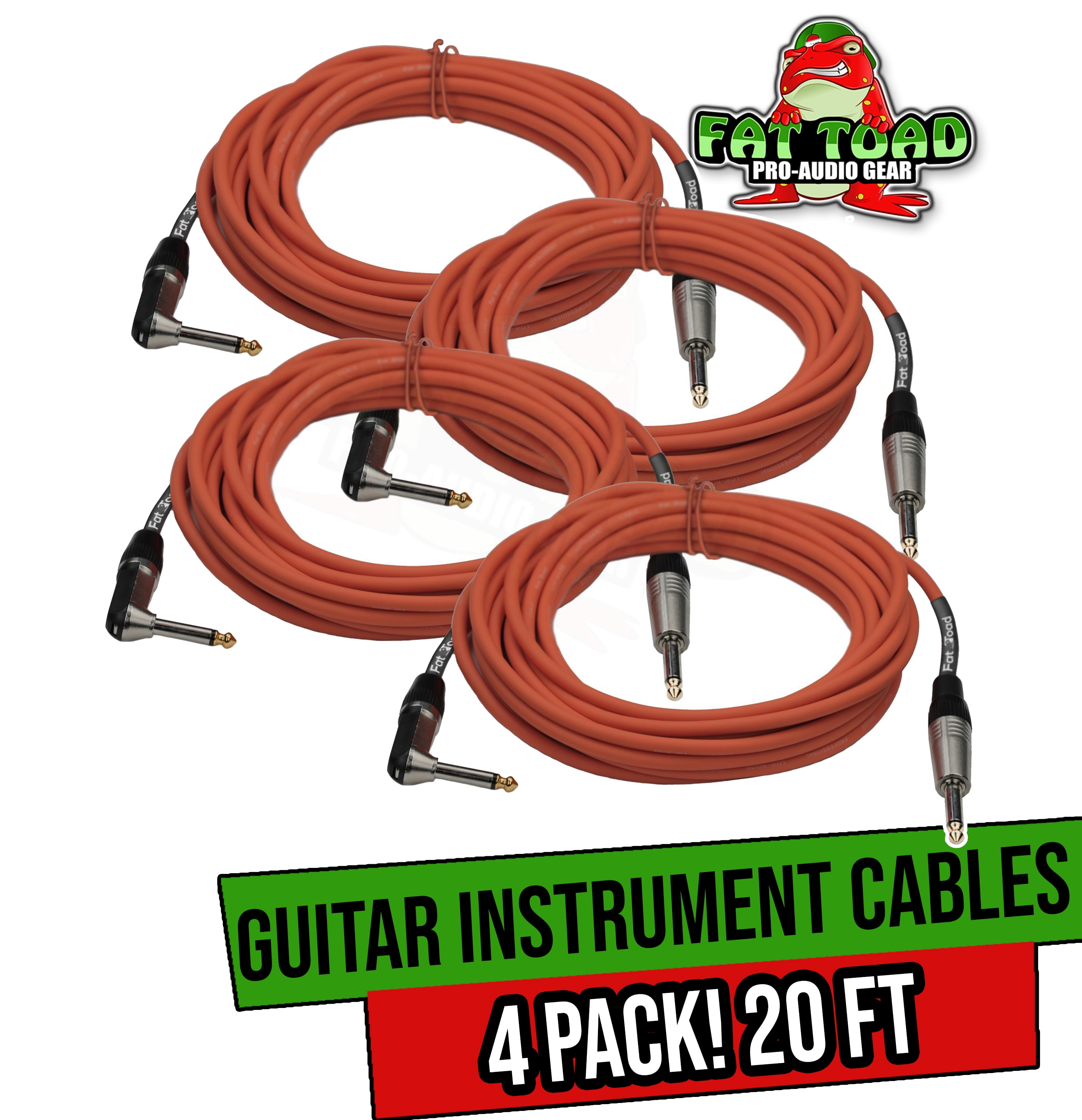 Fat Toad Guitar Cables (4 Pack) Right Angle Instrument Cord - 20 FT 1/4 Inch Straight-End Wires for Electric Guitar, Bass, Keyboards and Music Sound Recording Studio - Shielded 24 AWG Patch Conductor