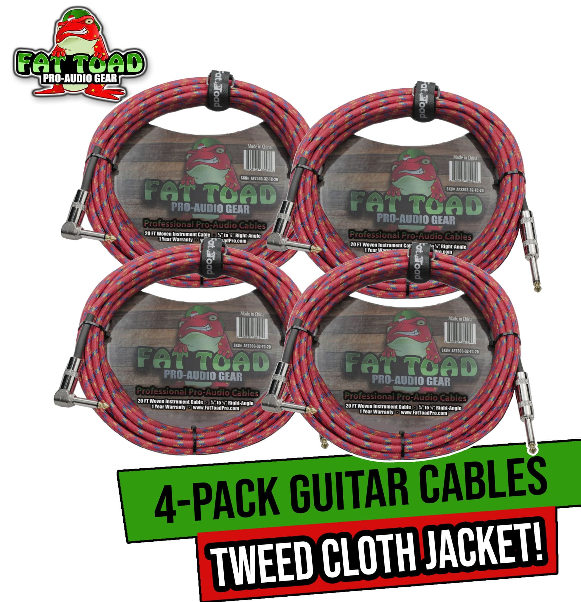 Fat Toad Guitar Cables (4 Pack) - Right Angle to Straight-End Instrument Cord Tweed Cloth Jacket - Braided Woven 20 FT 1/4 Inch Jack TS for Electric Guitar, Bass Shielded 20 AWG Patch Conductor
