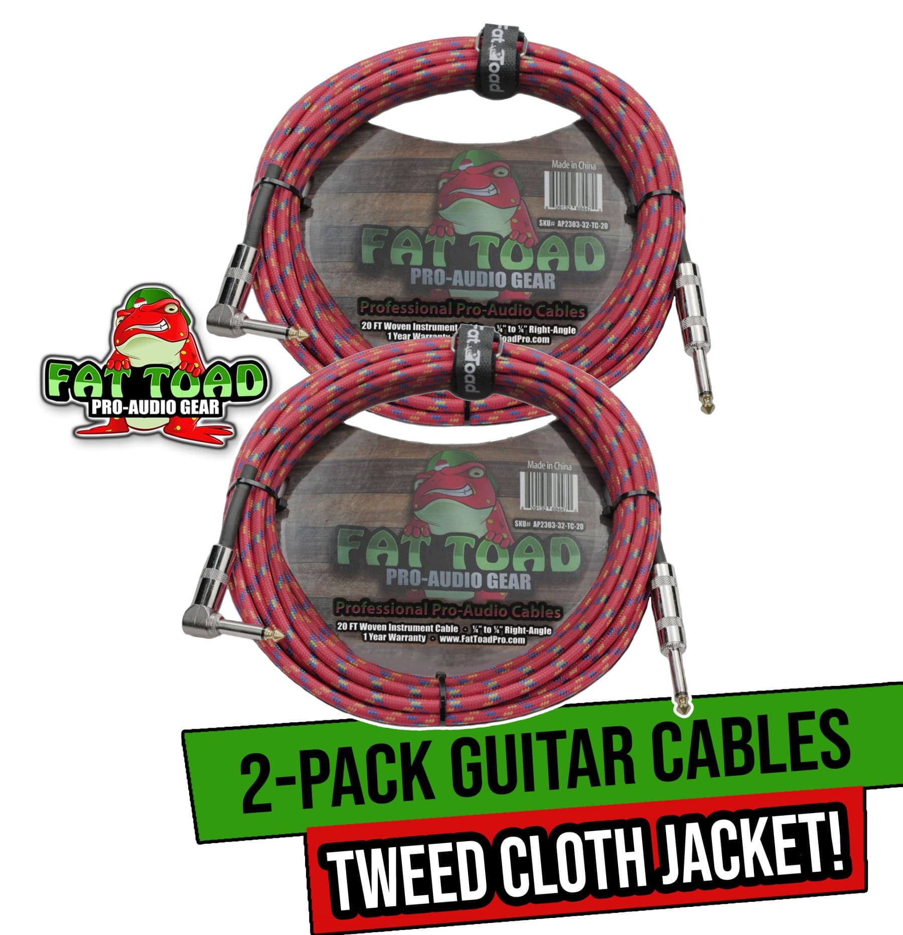 Fat Toad Guitar Cords (2 Pack) - Right Angle to Straight-End Instrument Cable Tweed Cloth Jacket - Braided Woven 20 FT 1/4 Inch Jack TS for Electric Guitar, Bass, Shielded 20 AWG Patch Conductor