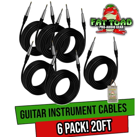 Fat Toad Guitar Cords (6 Pack) Instrument Cable - 20 FT 1/4 Inch Straight-End Wires for Electric or Acoustic Guitar, Bass, Keyboards and Music Sound Recording Studio - Shielded 20 AWG Patch Conductor