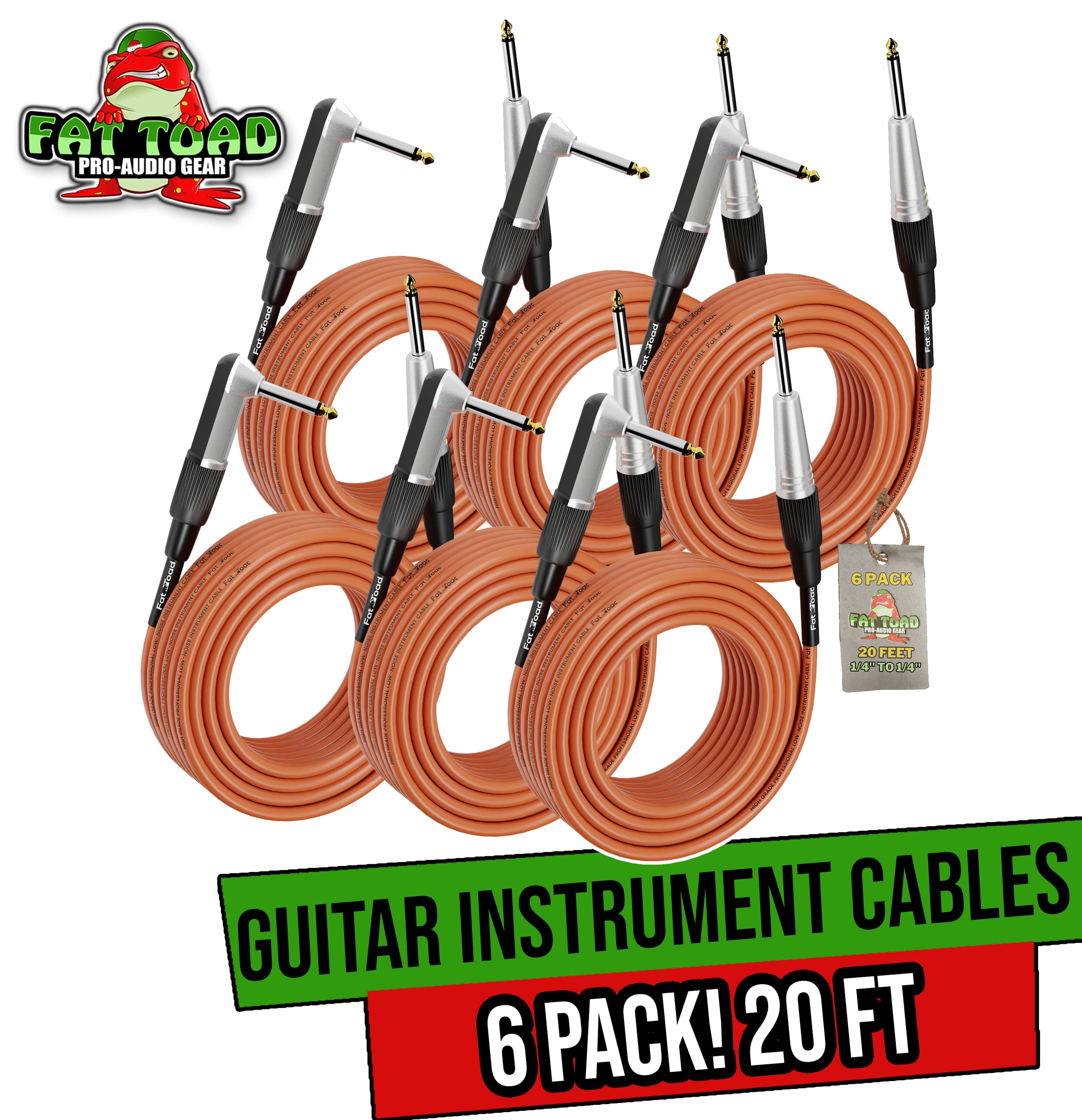 Fat Toad Guitar Cords (6 Pack) Right Angle Instrument Cables - 20 FT 1/4 Inch Straight-End Wires for Electric Guitar, Bass, Keyboards and Music Sound Recording Studio - Shielded 20 AWG Patch Conductor