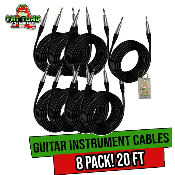 Fat Toad Guitar Cords (8 Pack) Instrument Cable - 20 AWG Patch Conductor for Electric or Acoustic Guitar, Bass, Keyboards & Pro-Audio Recording Studio - Shielded 20 FT 1/4 Inch Straight-End Wires
