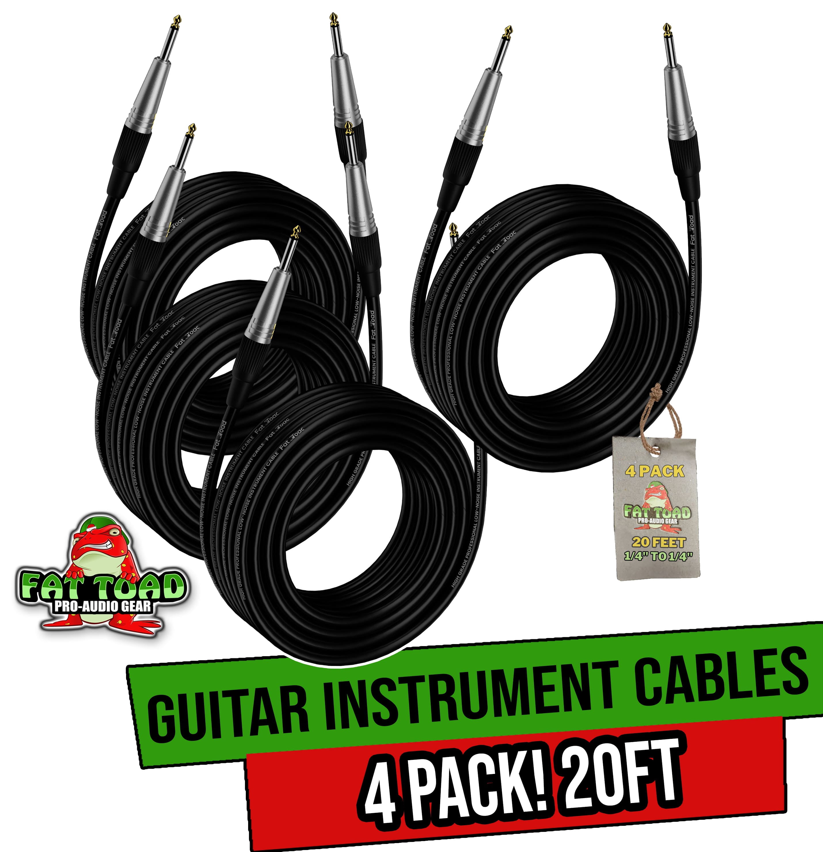 Fat Toad Guitar Wires (4 Pack) Instrument Cables - 20 AWG Patch Conductor Cord for Electric or Acoustic Guitar, Bass, Keyboards & Pro-Audio Recording Studio - Shielded 20 FT 1/4 Inch Straight-End