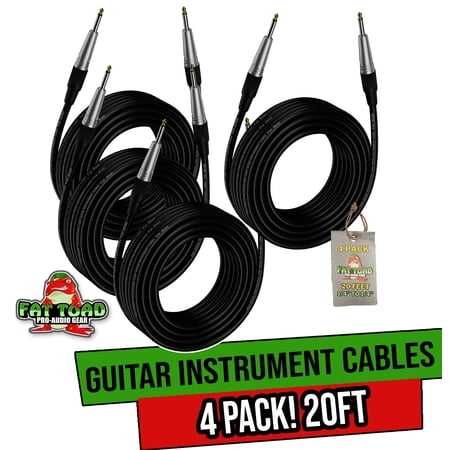 Fat Toad Guitar Wires (4 Pack) Instrument Cables - 20 AWG Patch Conductor Cord for Electric or Acoustic Guitar, Bass, Keyboards & Pro-Audio Recording Studio - Shielded 20 FT 1/4 Inch Straight-End