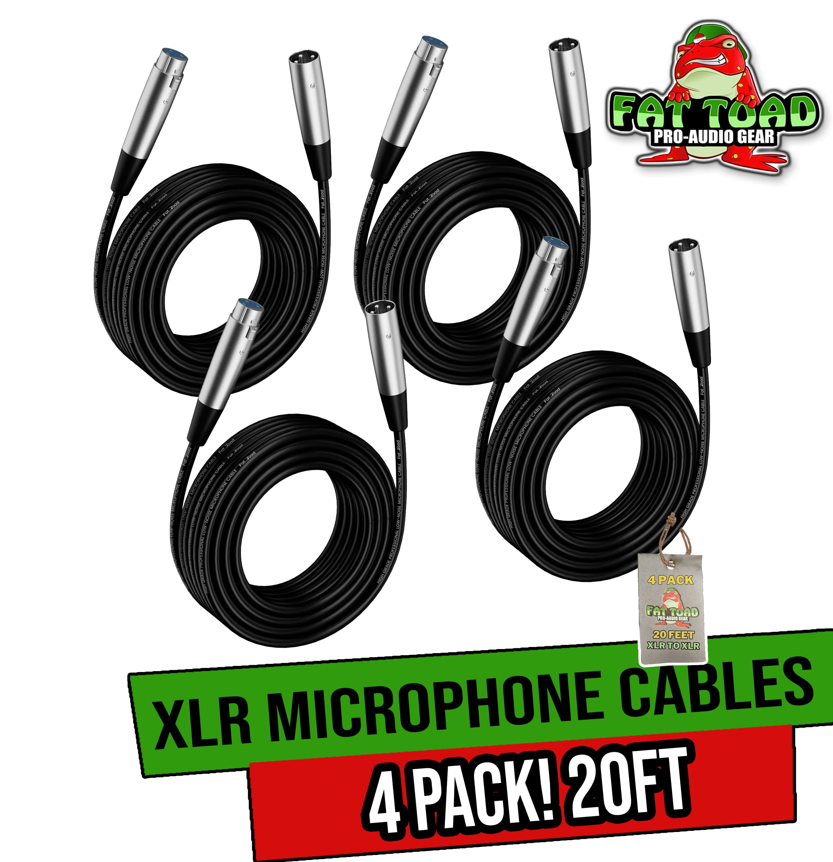Fat Toad Microphone Wires - (4 Pack) 20 ft Professional Pro Audio XLR Mic Cables Patch with Female & Male Connector - 20 AWG Shielded Wire and Balanced for Recording Studio Mixer Cord Sound Stage Gear