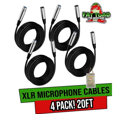 Fat Toad Microphone Wires - (4 Pack) 20 ft Professional Pro Audio XLR Mic Cables Patch with Female & Male Connector - 20 AWG Shielded Wire and Balanced for Recording Studio Mixer Cord Sound Stage Gear