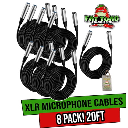 Fat Toad Microphone Wires - (8 Pack) 20 ft Professional Pro Audio XLR Mic Cables - Patch with Female & Male Connector - 20 AWG Shielded Wire and Balanced for Recording Studio Mixer Cord