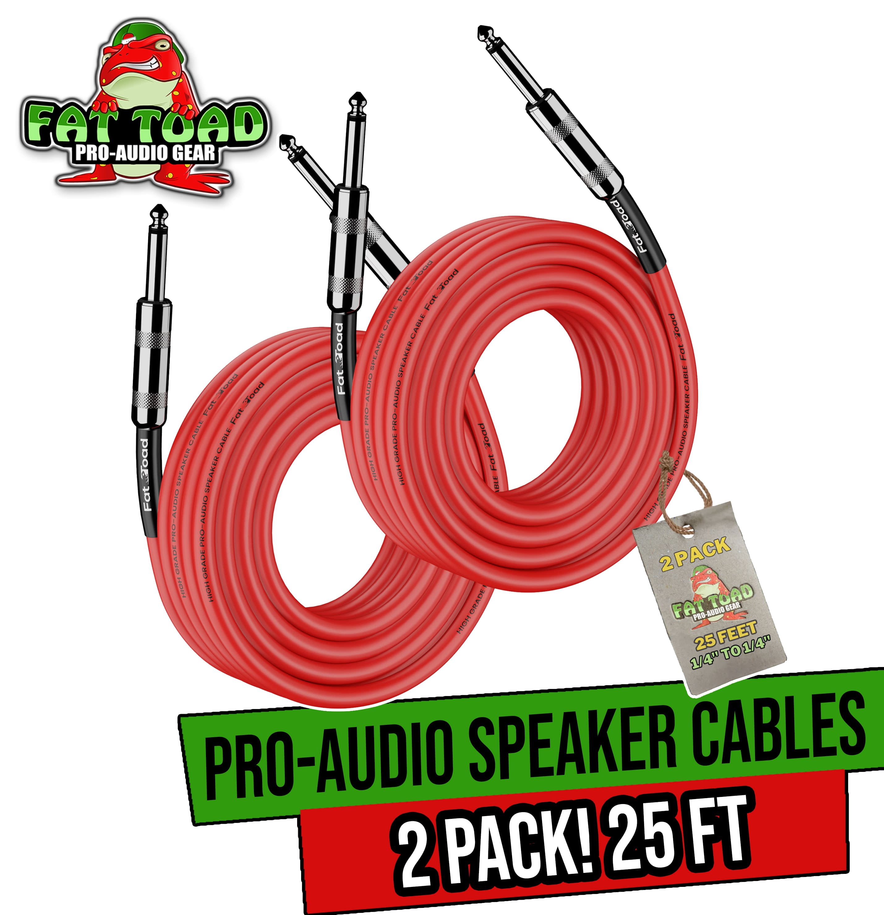 Fat Toad Speaker Cables - 1/4" to 1/4 inch Male Jack (2 Pack) - 25 ft Professional Pro Audio Red Speaker PA Patch Cord - 12 AWG Gauge Wire for Impeccable Studio Recording & Stage Performance Gear
