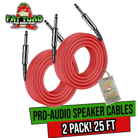 Fat Toad Speaker Cables - 1/4" to 1/4 inch Male Jack (2 Pack) - 25 ft Professional Pro Audio Red Speaker PA Patch Cord - 12 AWG Gauge Wire for Impeccable Studio Recording & Stage Performance Gear